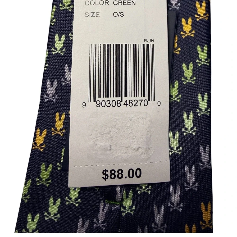 Psycho Bunny Mens 100% Silk Tie Navy Blue and Multi Color Logo Print